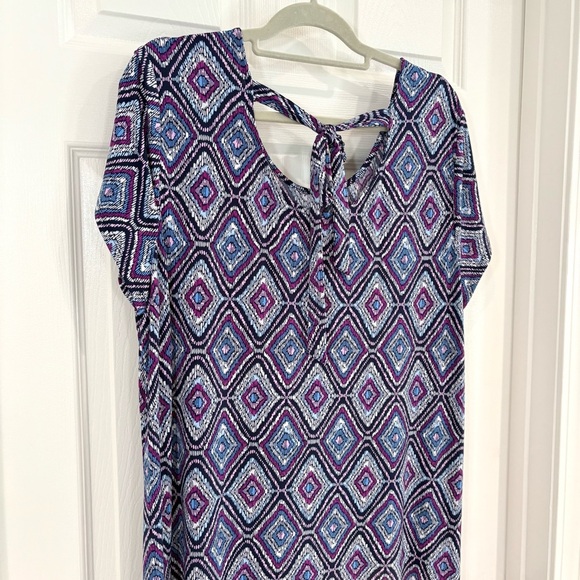 Chico's Asymmetrical Short Sleeve Stretchy Midi Dress Sz 3 Geometric Keyhole - Picture 11 of 15